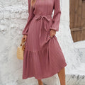 Elegant Women's Middle Eastern-Inspired Tie-Waist Maxi Dress - Solid Color, Round Neck, Non-Stretch Polyester, Machine Washable, Sizes S to XL, A-Line, Perfect for Spring/Summer/Fall