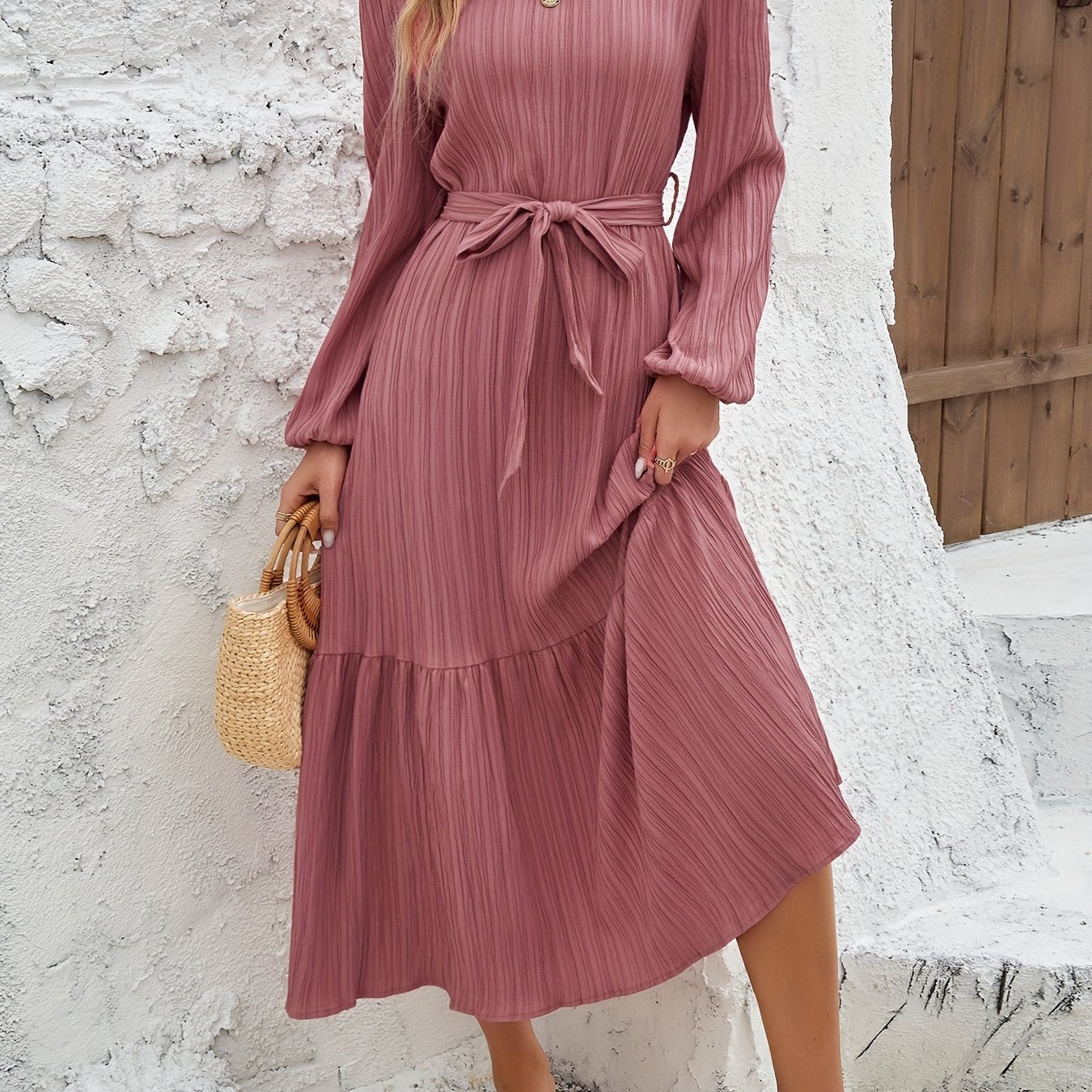 Elegant Women's Middle Eastern-Inspired Tie-Waist Maxi Dress - Solid Color, Round Neck, Non-Stretch Polyester, Machine Washable, Sizes S to XL, A-Line, Perfect for Spring/Summer/Fall