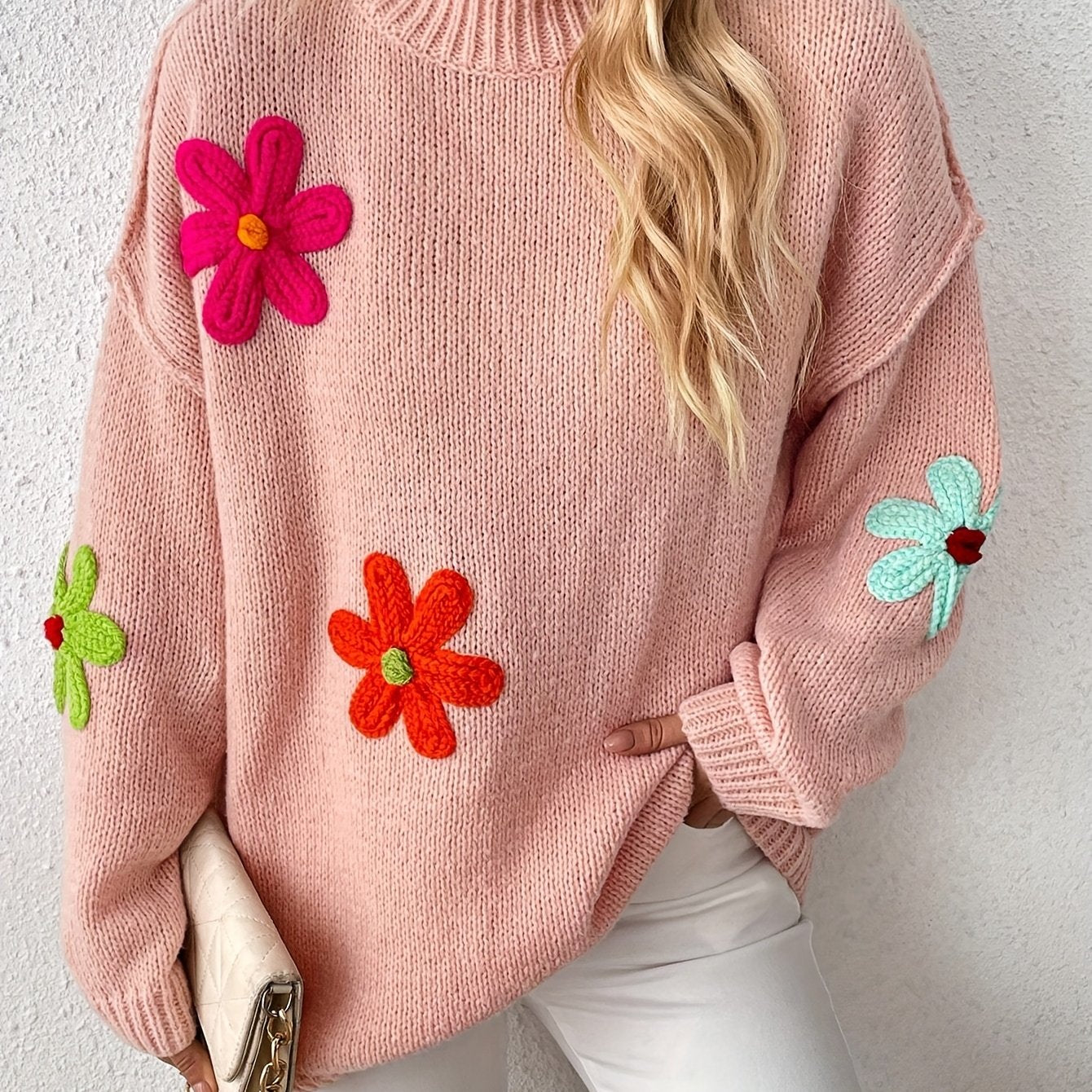 Plus Size Floral Applique Knit Sweater, Casual Long Sleeve High Neck Top For Fall & Winter, Women's Plus Size Clothing
