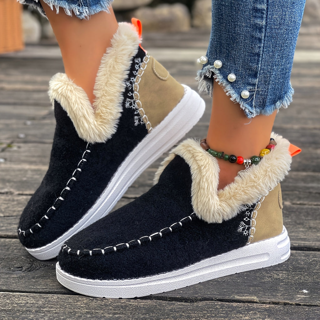 Women'S  Cozy Plush Slip-On Snow Boots with Soft Rubber Sole - Lightweight Warm Winter Boots with Cushioned Insole, Round Toe & Arch Support, Casual Outdoor Shoes for Cold Weather, Black & Brown (Canvas Lining) - Ide