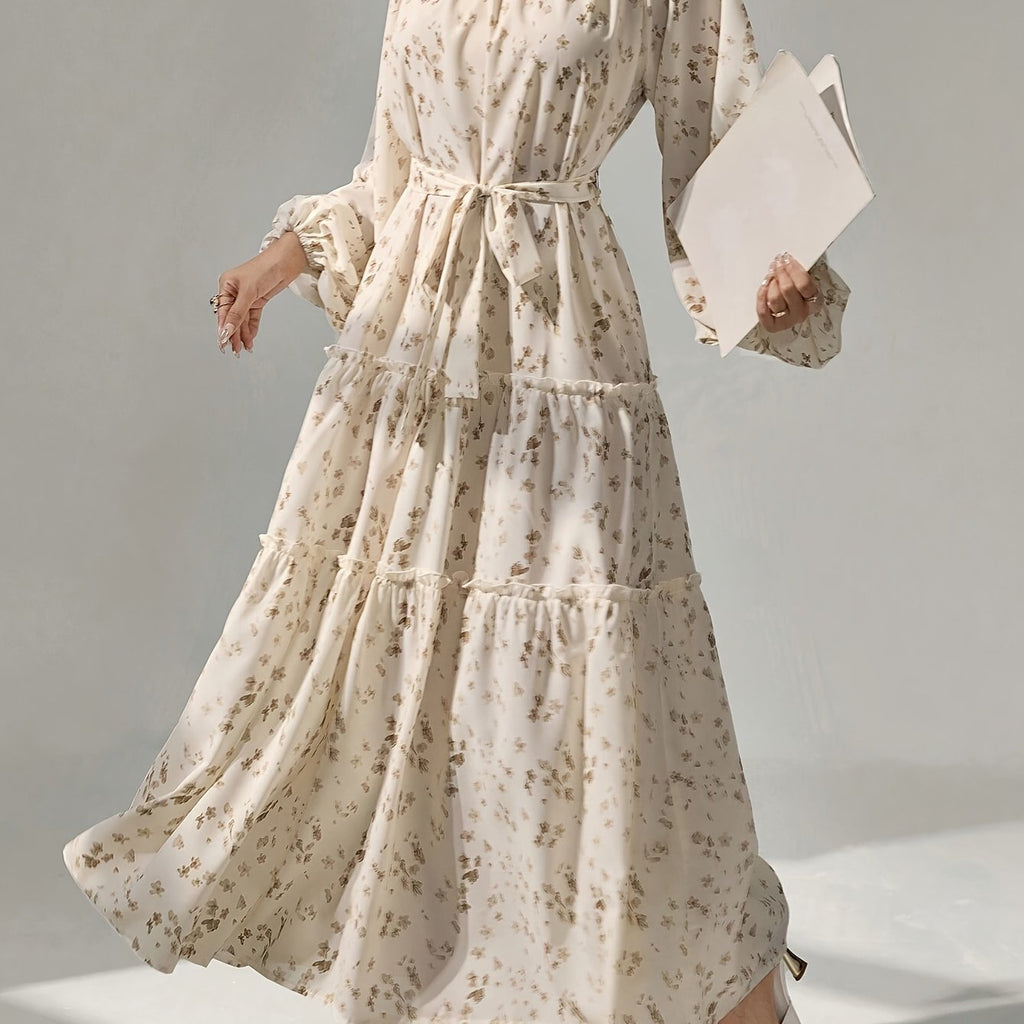 1pc Elegant Floral Print Long Sleeve Tiered Maxi Dress for Women - Polyester Crew Neck Pendulum Dress with Ditsy Flower Pattern, Woven Spring/Fall Casual Gown