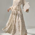 1pc Elegant Floral Print Long Sleeve Tiered Maxi Dress for Women - Polyester Crew Neck Pendulum Dress with Ditsy Flower Pattern, Woven Spring/Fall Casual Gown