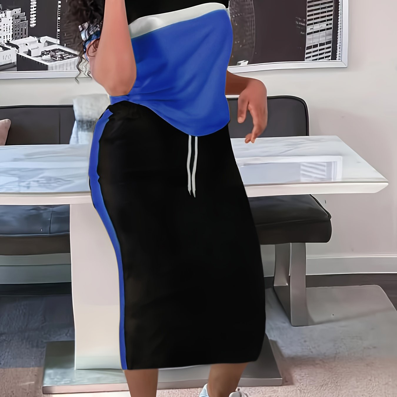 Plus Size Two-Piece Skirt Set - Crew Neck Short Sleeve Top & Drawstring Skirt Outfit with Slight Stretch, Solid Color, Knit Fabric - Comfortable, Casual, and Chic Womens Plus Size Clothing for Everyday Wear