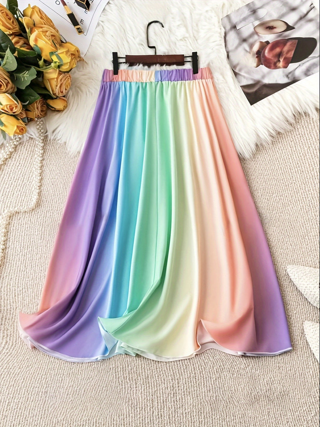 Plus Size Ombre Print Elastic Waist Skirt, Casual Skirt For Spring & Summer, Women's Plus Size Clothing