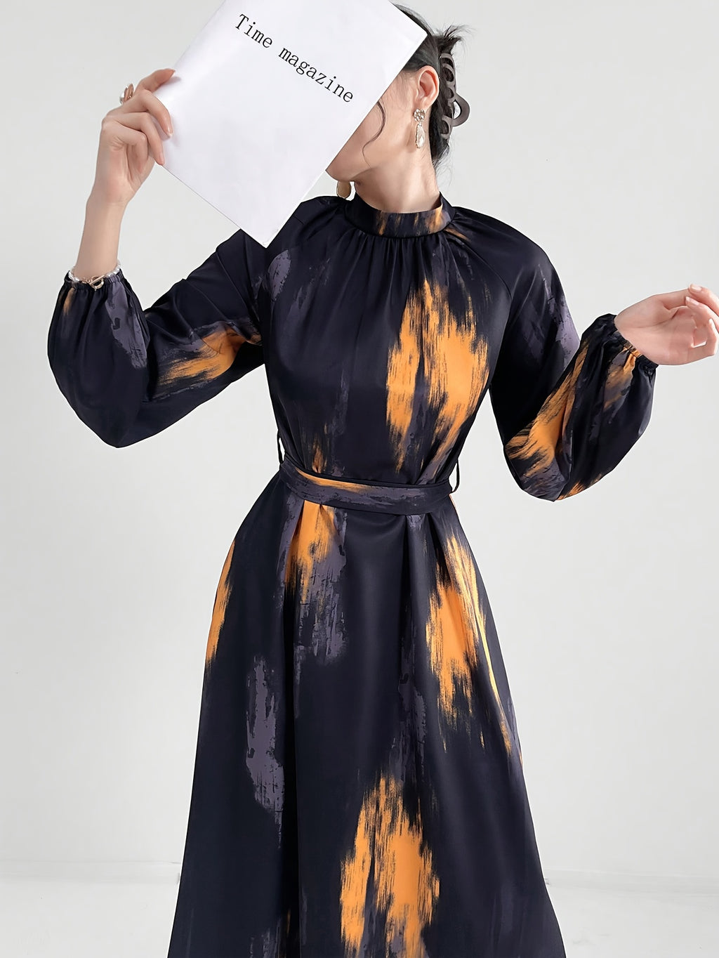 Women's Long Sleeve Geometric Print Maxi Dress with Belt - Polyester, Machine Washable, Long Length, Round Neck, All-Season Wear