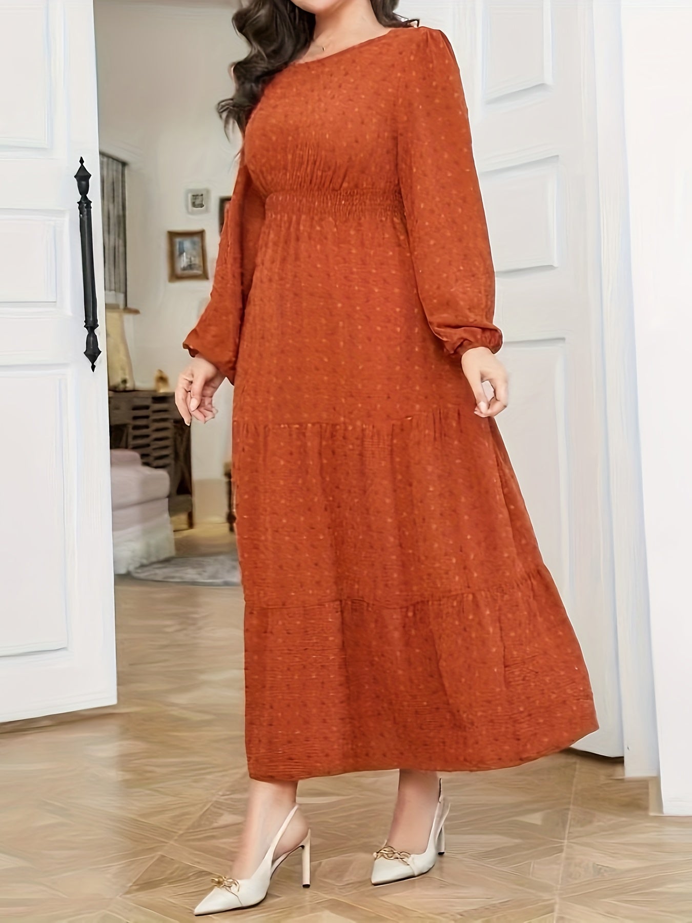 High Waist Tiered Dress, Elegant Solid Long Sleeve Maxi Dress, Women's Clothing