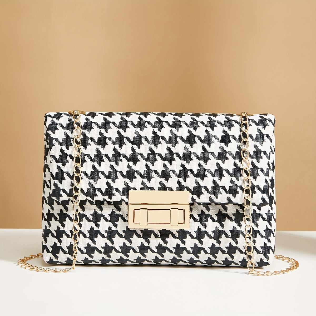 Houndstooth Crossbody Bag, Fashion Chain Shoulder Bag, Women's Flap Square Purse With Lock