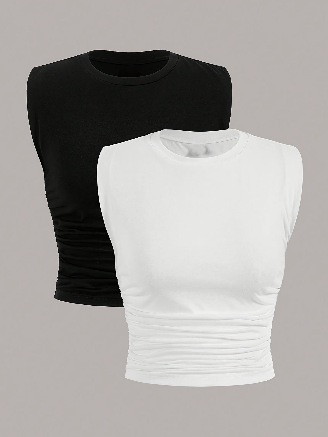 2 Packs Plus Size Solid Ruched Tank Tops, Casual Crew Neck Sleeveless Top For Spring & Summer, Women's Plus Size Clothing