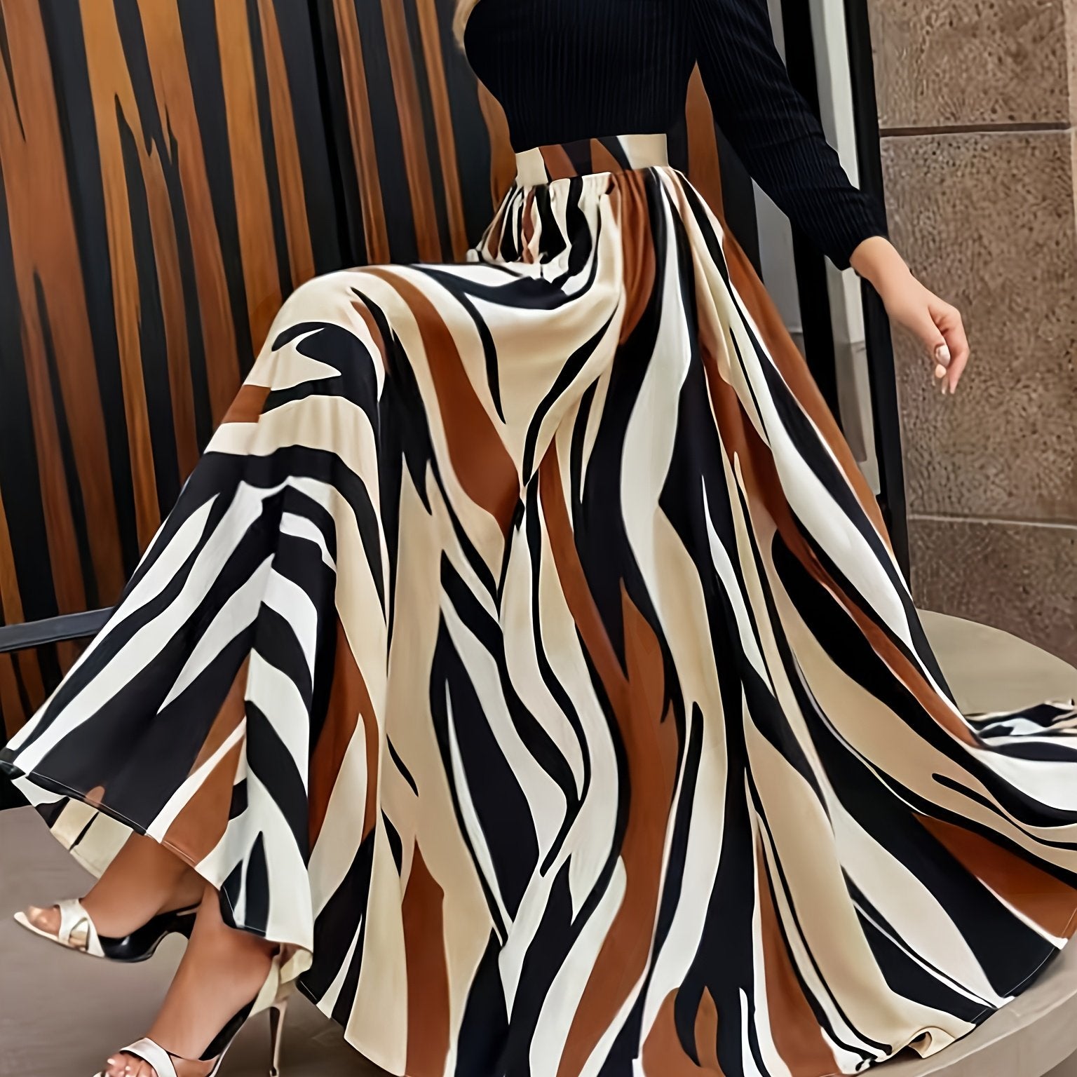 Women's Casual A-Line Dress with Geometric Print & Elastic Waistband - Long Sleeve Round Neck Machine Washable Spring/Fall Dress in Black/Beige/Brown/White, Long Sleeve Maxi Dress, Spring Fashion, Flowing Skirt, Patterned Out