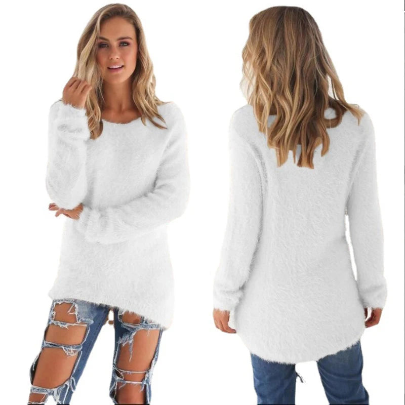 2024 Women Warm Sweaters Solid Color O Neck Loose Knitted Pullover Long Sweater Casual Blouse Lady Hipster Comfortable Clothing