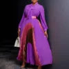 D547 Plus Size Women Party Dresses Women Lace up Long Sleeve Color Blocking Elegant Pleated Maxi Dress for Ladies