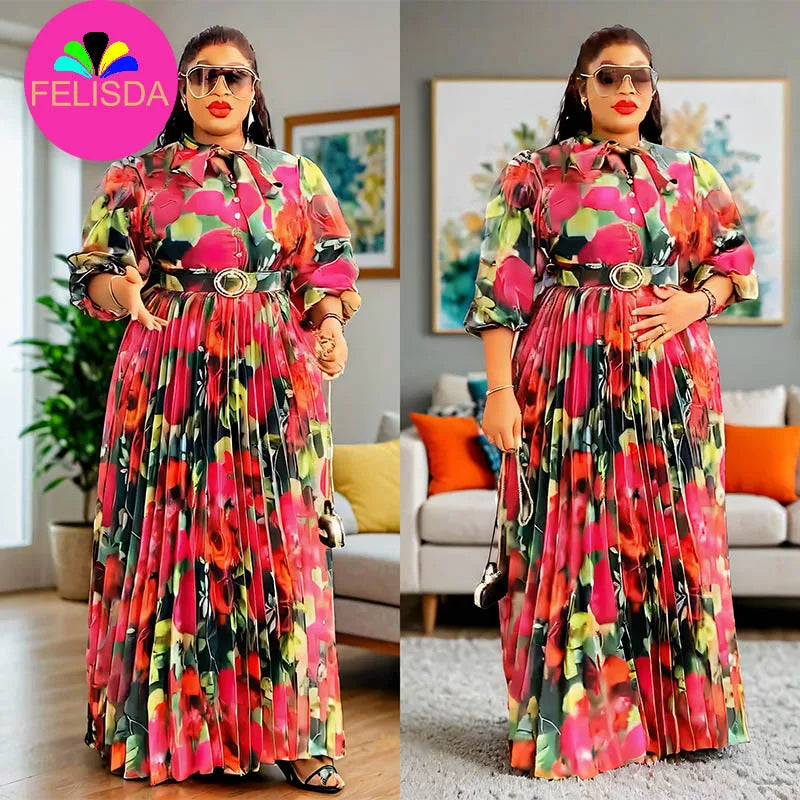 Plus Size African Dresses Women Autumn Elegant Kenya Party Evening Long Pleated Maxi Dress Gowns Dashiki African Clothes Dress