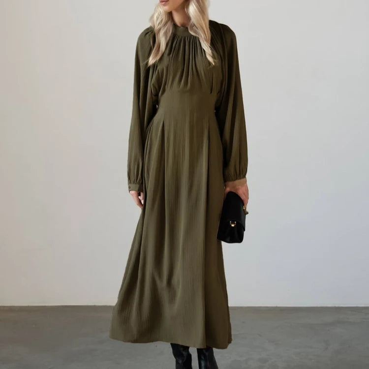 Spring Autumn Fall Button-Up Belted Plisse Elegant Dresses Green Women's Casual Long Sleeve Modest Maxi Dress Ladies