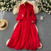 Roman Stand Collar Tunic Slim Pleated Midi Dress For Women Empire Lace Dress