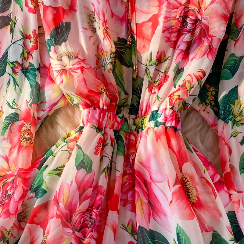 Runway Spring Summer Vacation Dress Women Elegant Bat Sleeve Rose Print Bohemian Lady Chiffon Long Maxi Dress 6637#