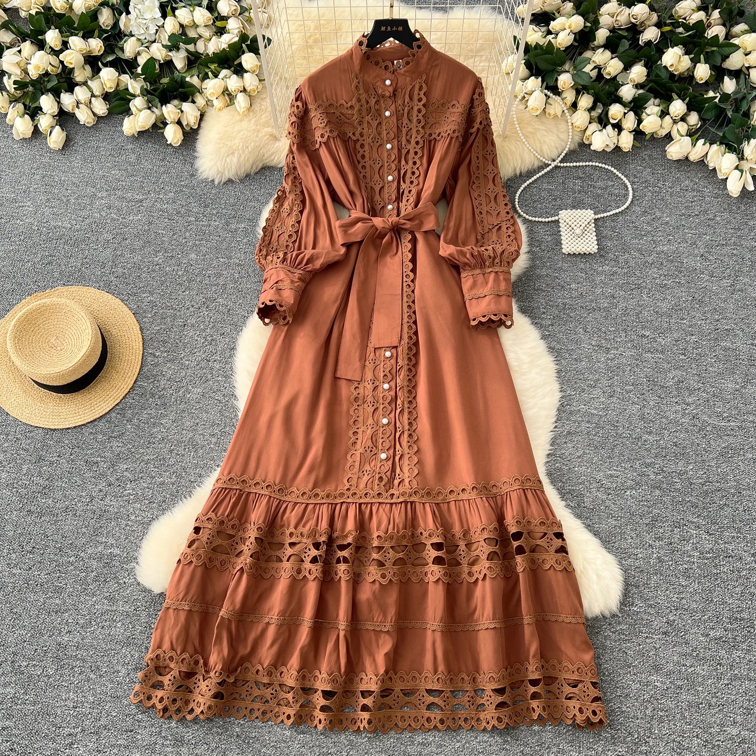 Vintage Tunic Bandage Casual Midi Dress For Women Lantern Sleeve Empire Patchwork Hollow Out Lace Dress