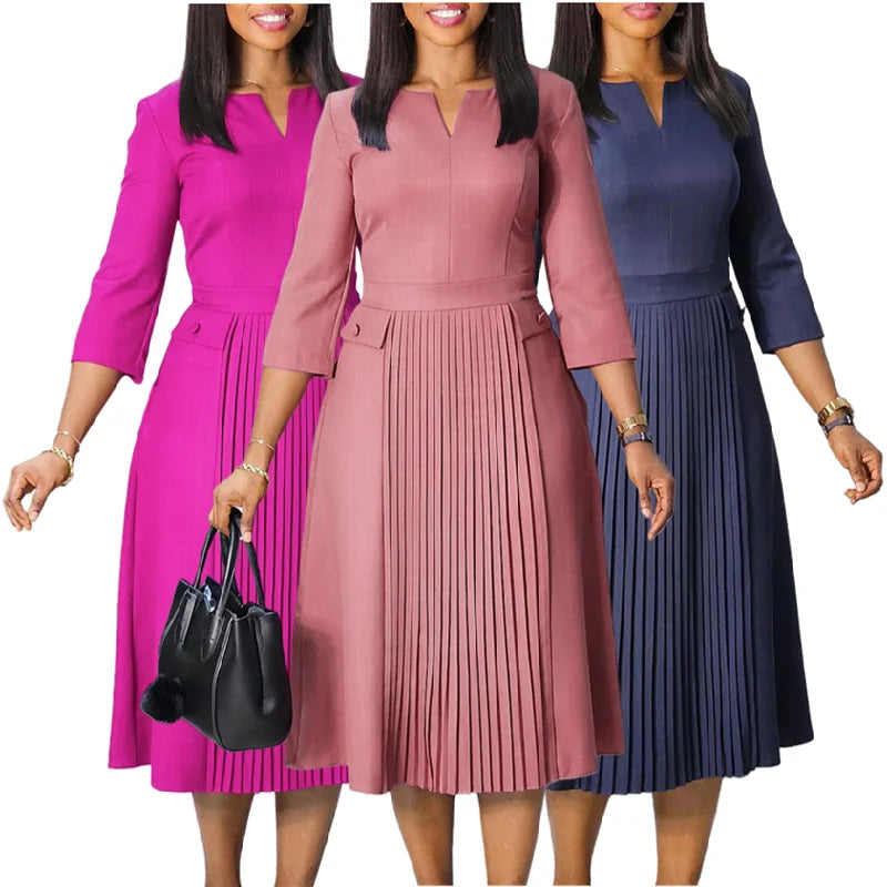 Elegant Pleated Solid Midi Dress
