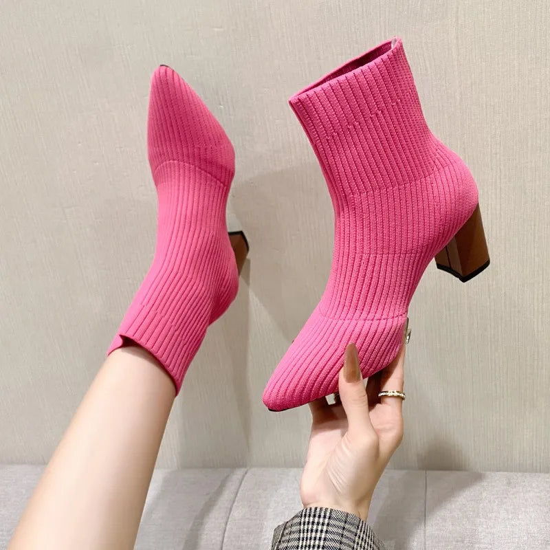 Stretch Faux Suede Pointed Toe Ankle Boots