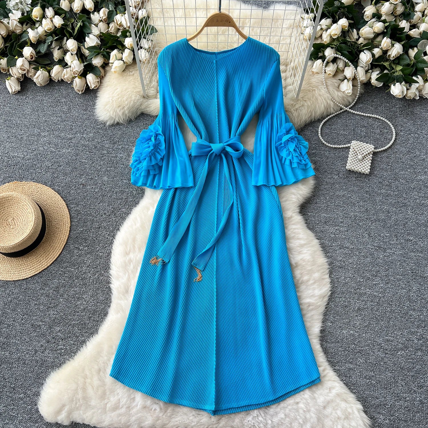 Spring Tunic Bandage Pleated Midi Dress For Women Flare Sleeve Empire 3D Lace Dress