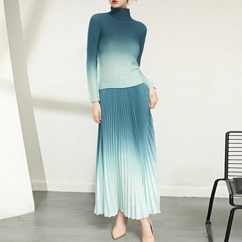 Fast Delivery Clothing Pleat Printed Gradient Color Women 2 Pieces Set Long-sleeve Shirt and Printed Long Pleated Skirt Set
