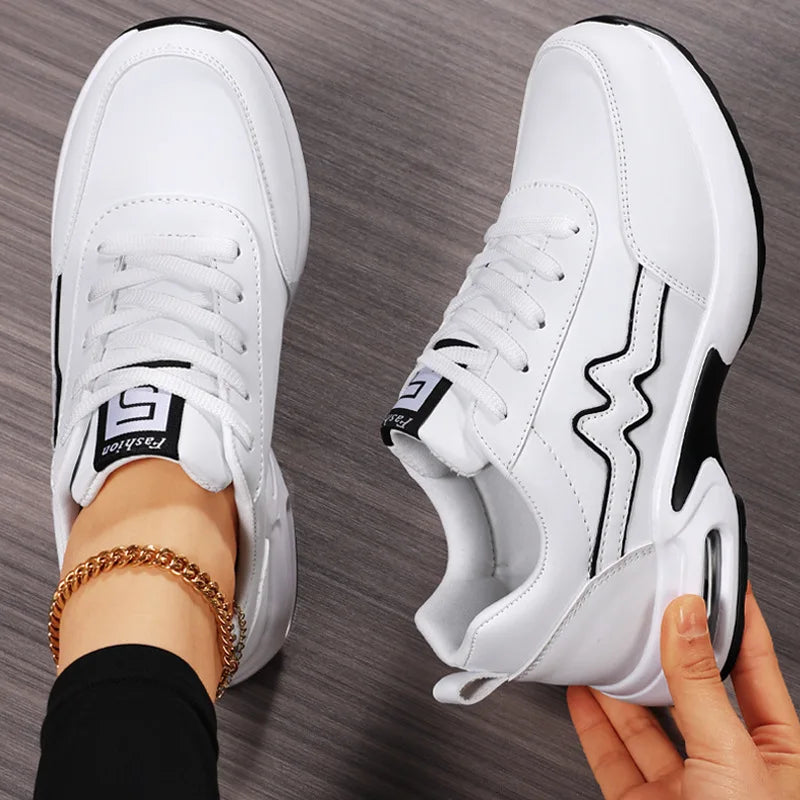 Factory Wholesale Women's White Faux Leather Casual Sneakers - Air Cushion Thick Sole Fashion Sports Shoes