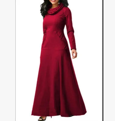 Long Maxi Dress Autumn Winter Warm High Collar Women Long-sleeved Dress Woman Clothing With Pocket