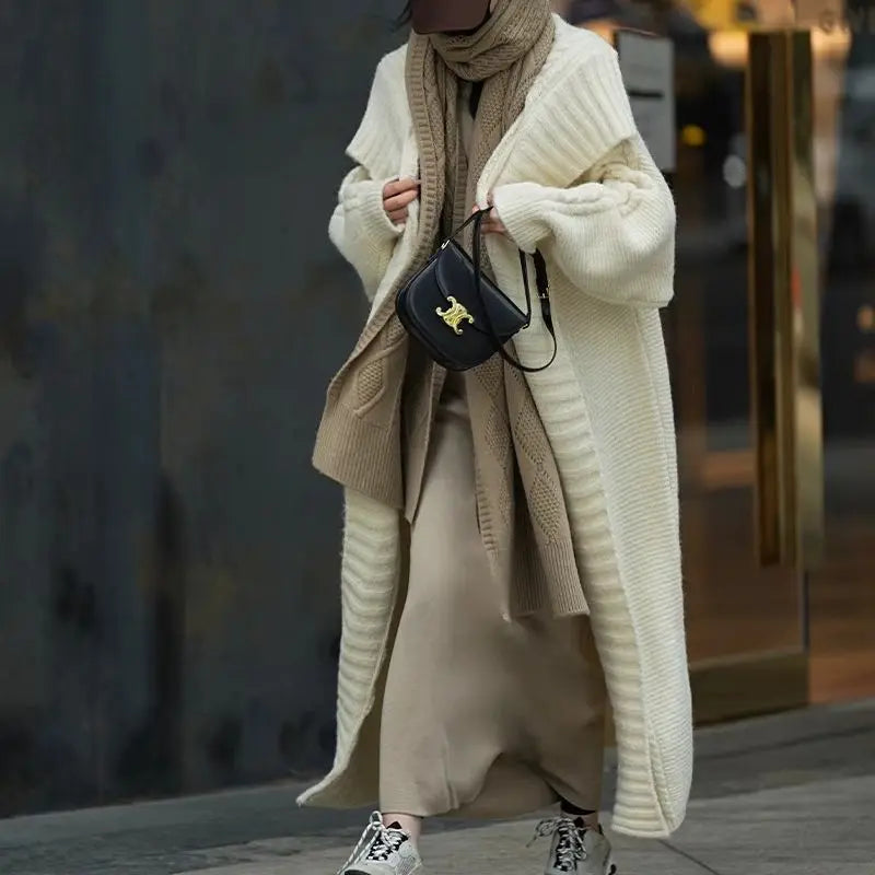 Cable Knit Turndown Collar Longline Sweater Coat