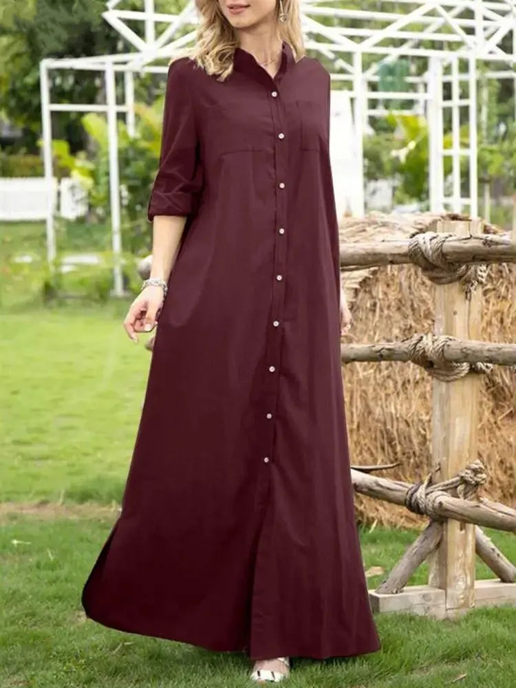 Women Dress 2025 Plain Color Stand Neck Long Sleeve Dresses Women Casual Oversized Loose Maxi Dress Ladies Women Plus Size