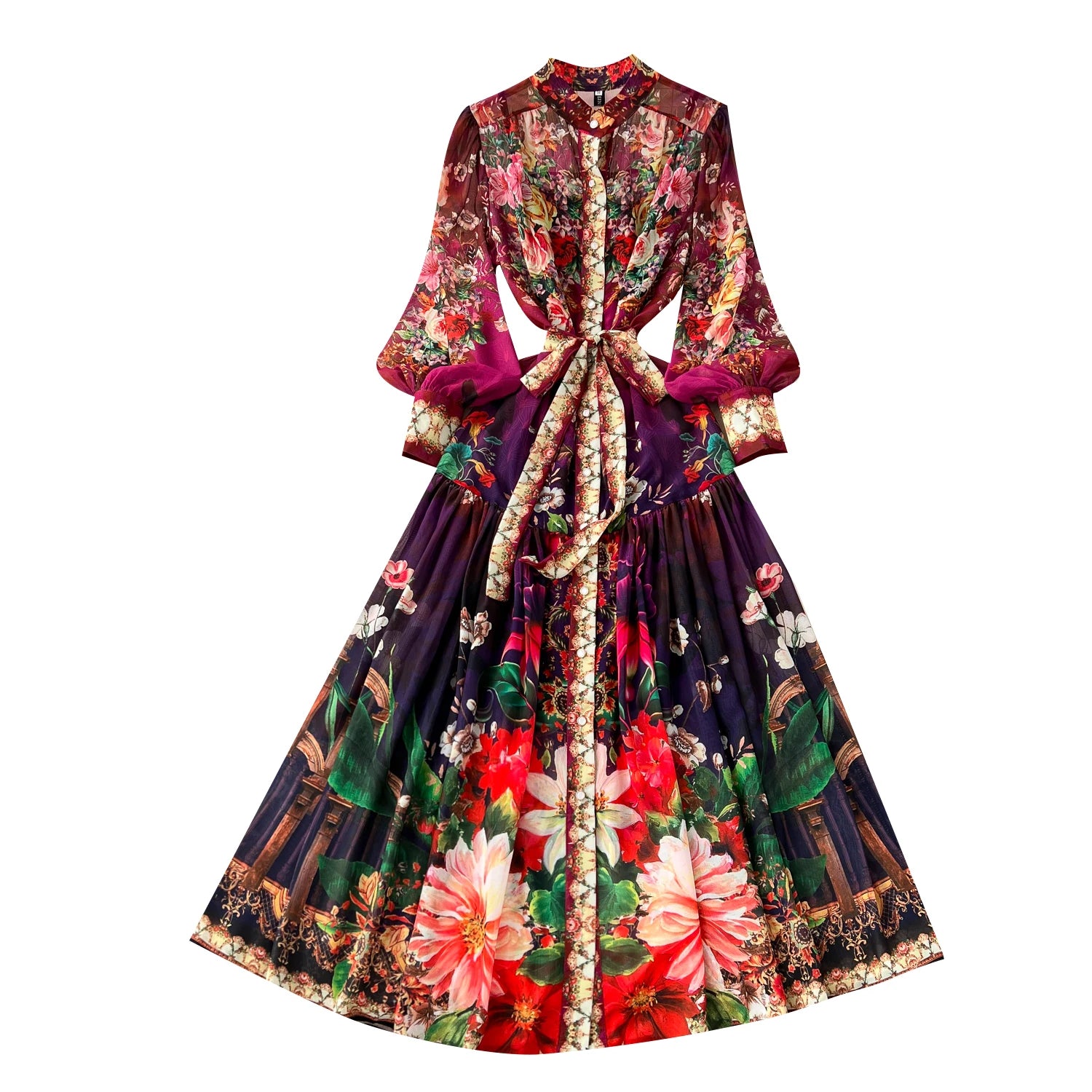 Spring Vintage Tunic Slim Pleated Midi Dress For Women Empire Printed Lace Dress