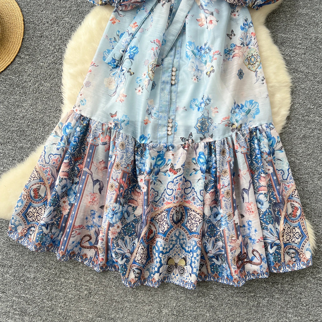 2025 Spring Roman Tunic Slim Bandage Casual Midi Dress For Women Lantern Sleeve Empire Printed Ruffled Lace Dress