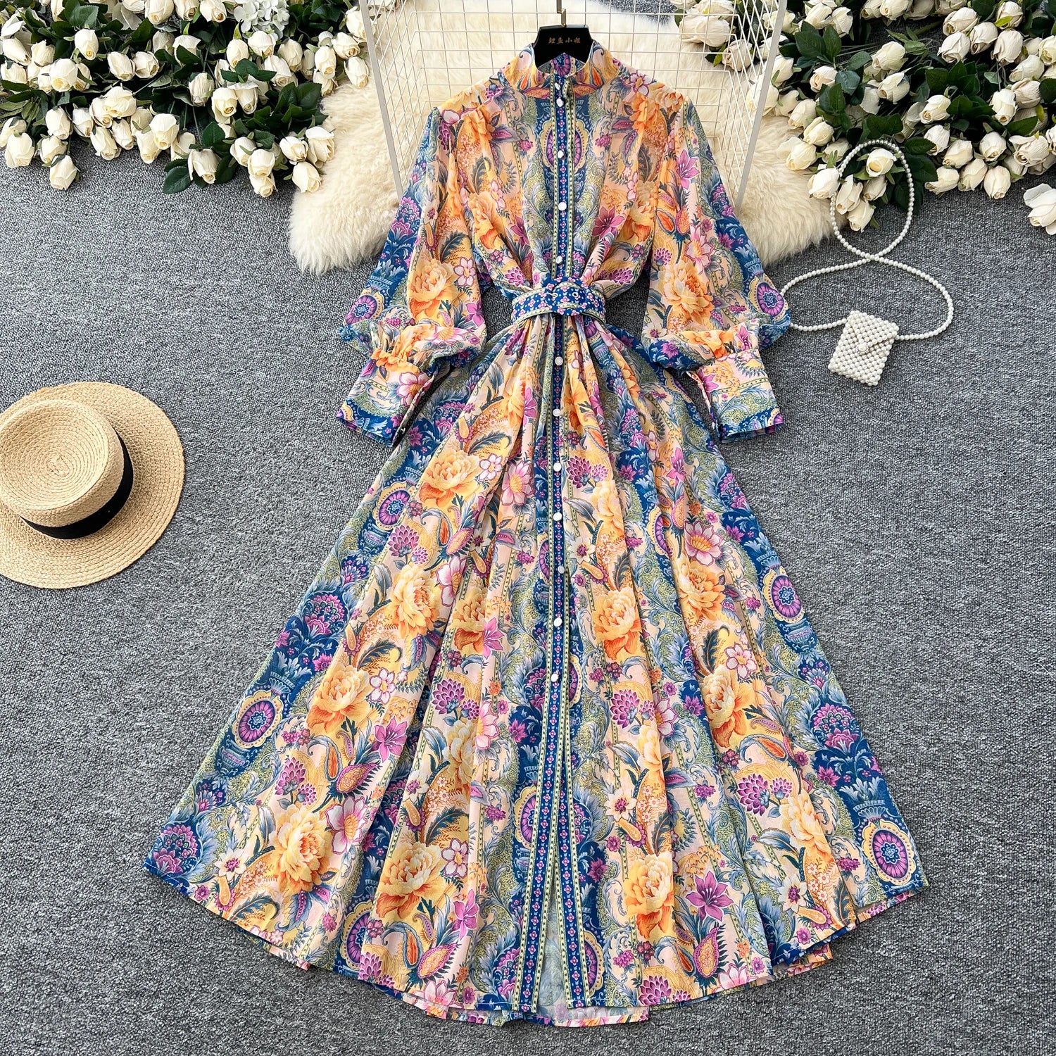 Spring Vintage Stand Collar Tunic Bandage Casual Midi Dress For Women Lantern Sleeve Empire Printed Lace Dress