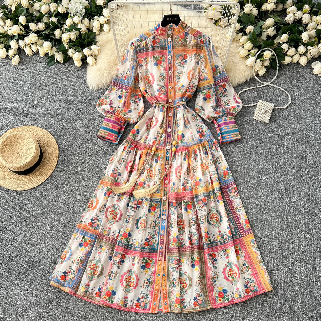 2025 Spring American Style Stand Collar Tunic Pleated Midi Dress For Women Lantern Sleeve Empire Printed Lace Dress