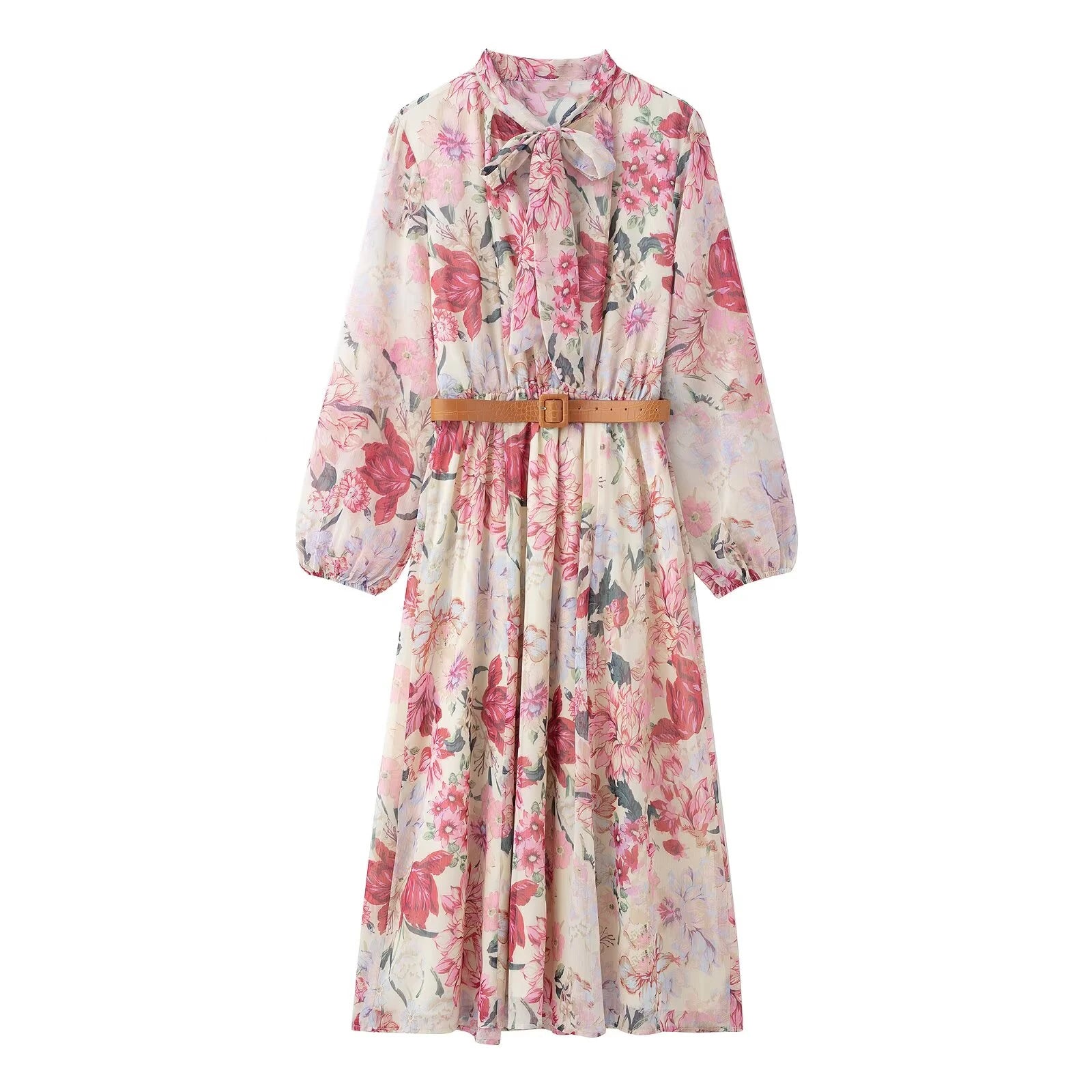 KAR&OT ZA 2025 Spring Women's New Fashion Temperament Flower Print Long Sleeve Midi Dress 2507147
