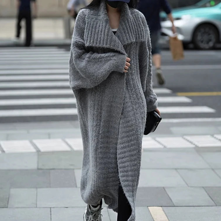 Cable Knit Turndown Collar Longline Sweater Coat