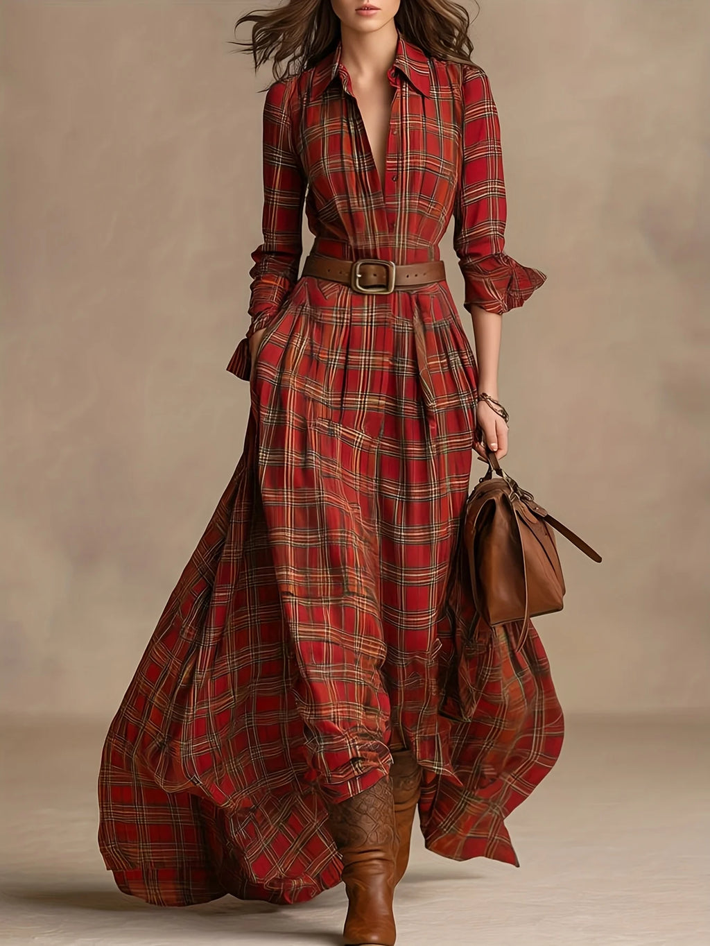 Autumn Vintage High Waist Maxi Dress Red Plaid A-Line Casual Breathable Washable Anti-Static Long Sleeve Lining Boho