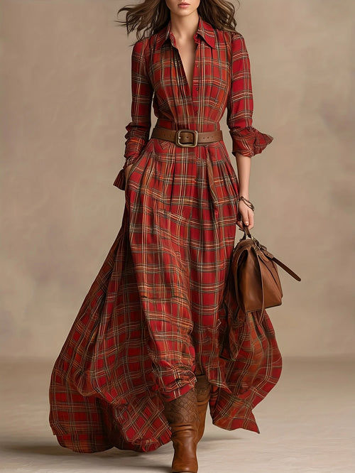 Autumn Vintage High Waist Maxi Dress Red Plaid A-Line Casual Breathable Washable Anti-Static Long Sleeve Lining Boho