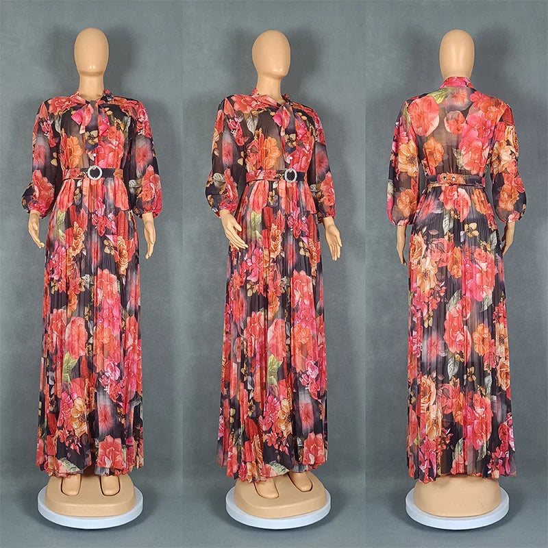 Plus Size African Dresses Women Autumn Elegant Kenya Party Evening Long Pleated Maxi Dress Gowns Dashiki African Clothes Dress