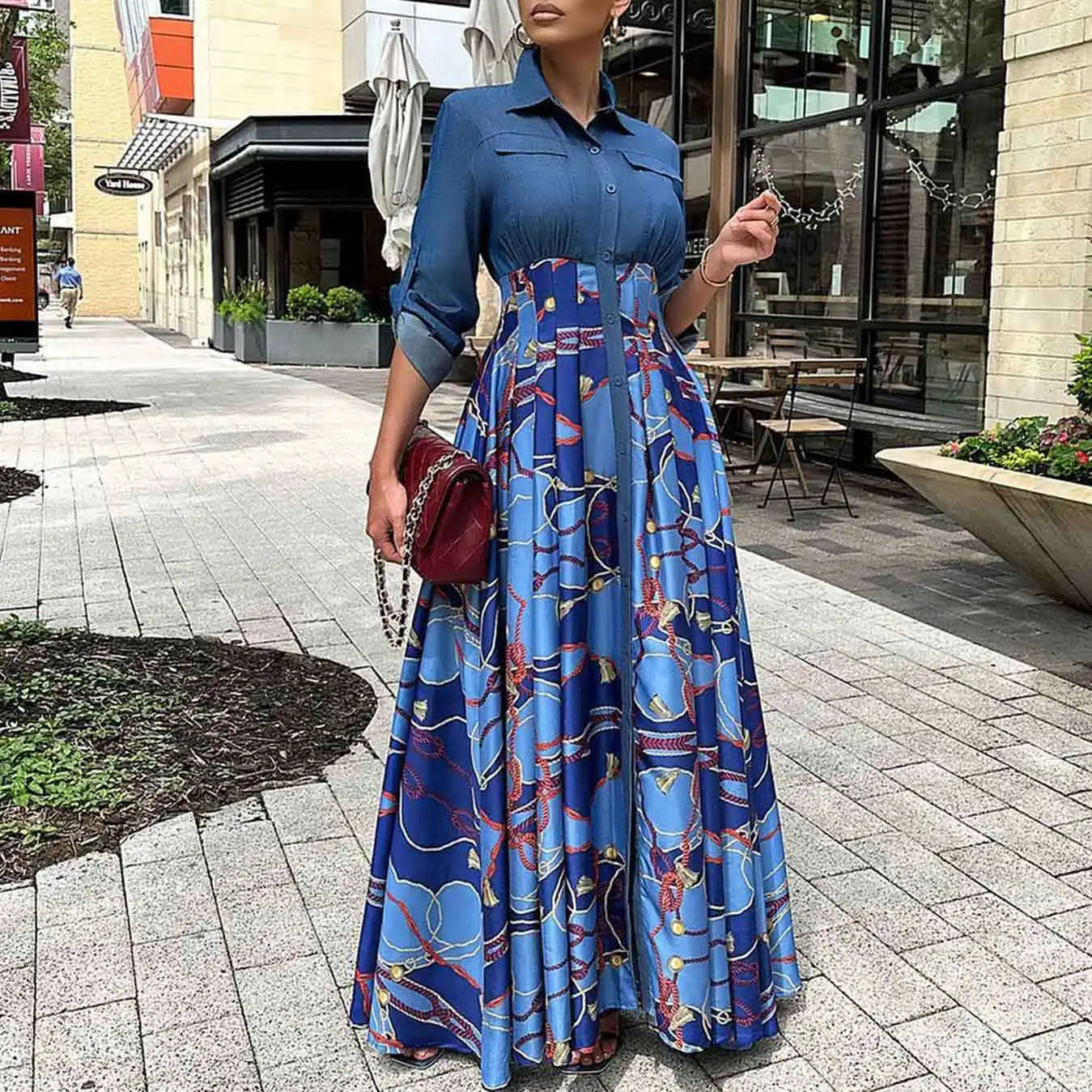 Spring Elegent Denim Collar Patchwork Vintage Patterns High Waist Long Casual Swing Plus Size Flared Shirt Maxi Dress for Women
