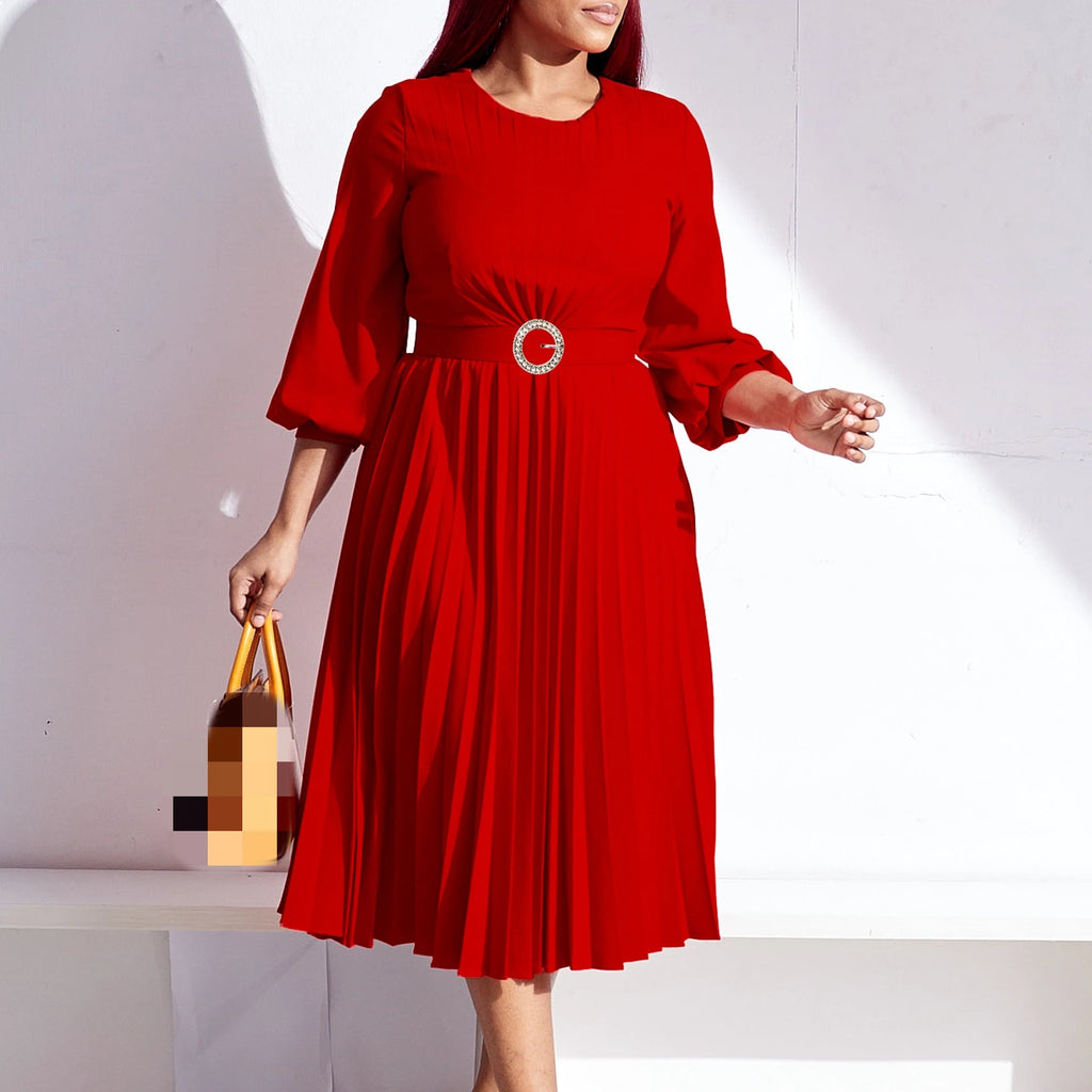 Loose Pleated O-Neck Fall Dress