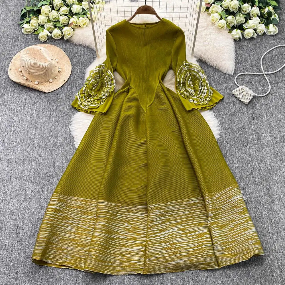 O-Neck Pleated Midi Dress For Women Flare Sleeve Empire Lace Vestidos