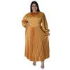 N7729 Best Selling Plus Size Womens Dresses Solid Color O-Neck Long Sleeve A-line Maxi Dress Ladies Pleated Dress
