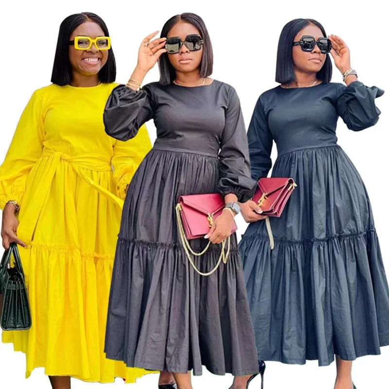 JL446 Long Sleeve Pleated Zipper Long Maxi Dress Ladies Casual Dresses Women with Belt