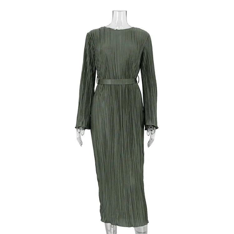 Enyami Boutique Elegance Fall Winter Flare Sleeve Pleated Lace-up Basic Robe Plisse Casual Elegant Chic Women Dress