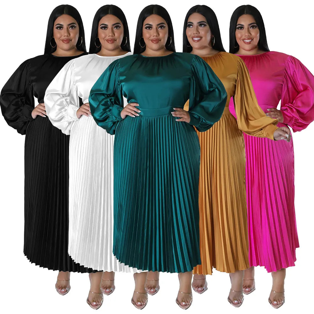 N7729 Best Selling Plus Size Womens Dresses Solid Color O-Neck Long Sleeve A-line Maxi Dress Ladies Pleated Dress