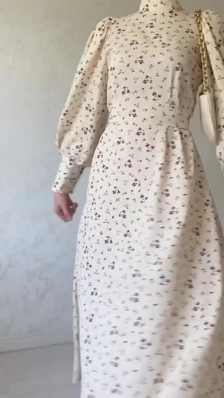 2024 Wholesale Loose Lace up Fragmented Flower Dress Long Sleeved Slim Fit A-Line Dress Dubai Abaya Casual Maxi Dress