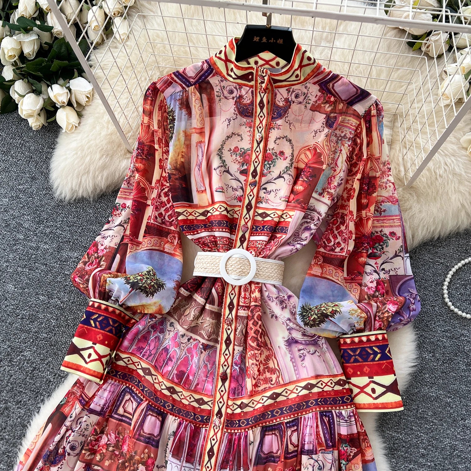 Spring Stand Collar Tunic Casual Midi Dress For Women Lantern Sleeve Empire Printed Lace Dress