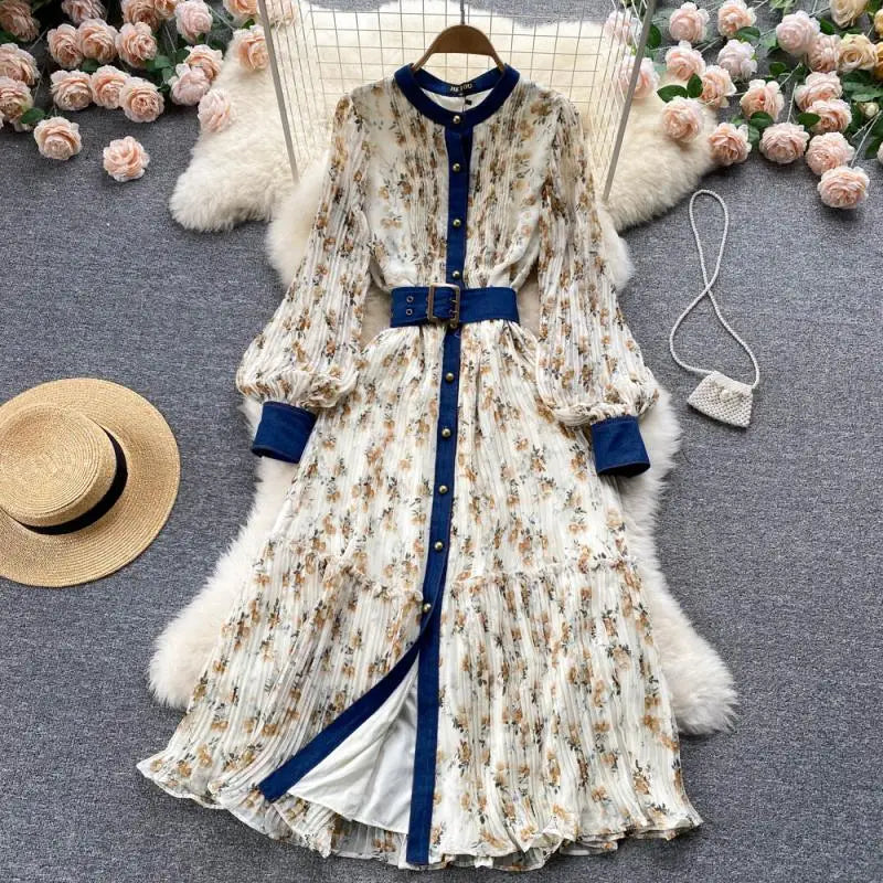 Long Sleeve Stand Collar Print A-Line Dress Vintage Chiffon High Waist Maxi Dress Ladies Casual Dress Clothes Women Wholesale
