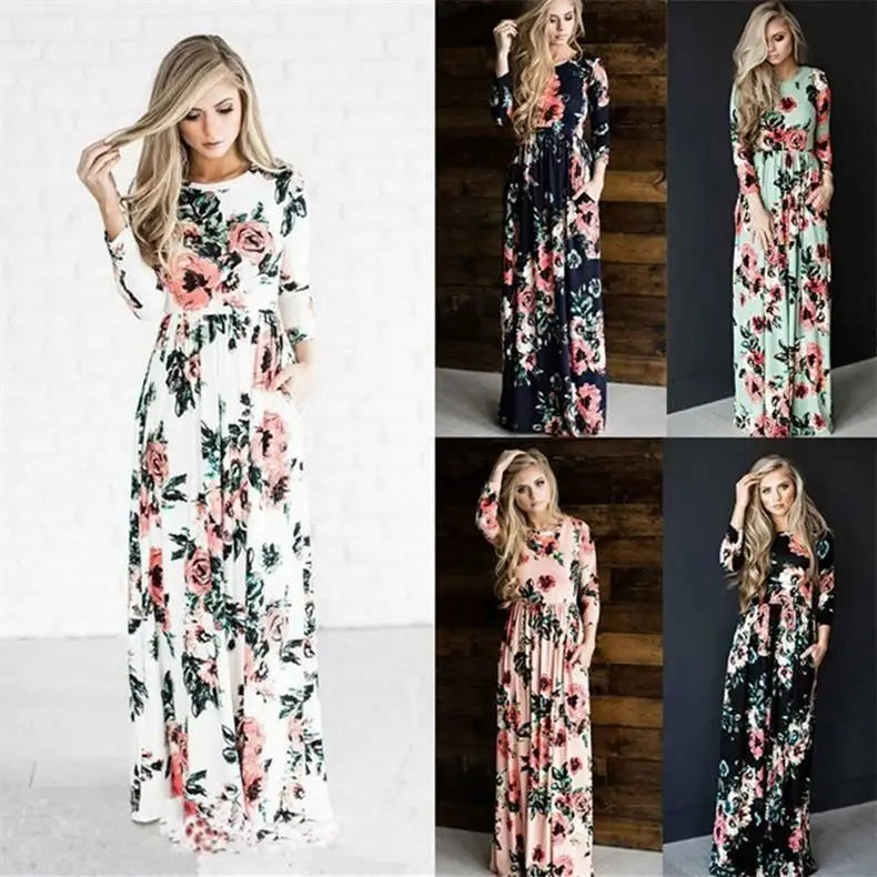 Wholesale Fashion Long Sleeve Women Beach Dress Colorful Stock Floral Long Maxi Women Dress