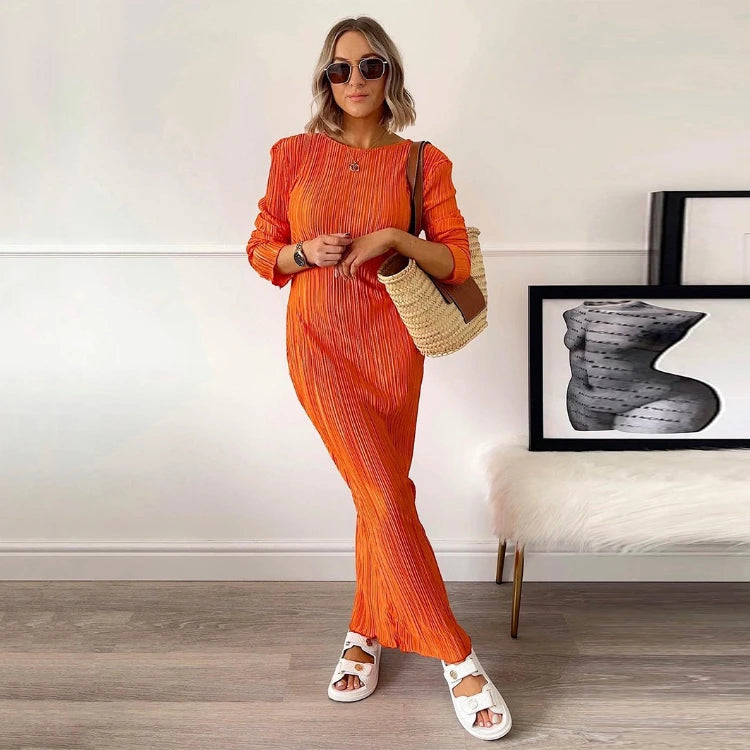 Enyami Spring Collection Plisse Casual Dresses Women Robe Elegance Long Sleeve Pleated Basic Orange Bodycon Maxi Dress