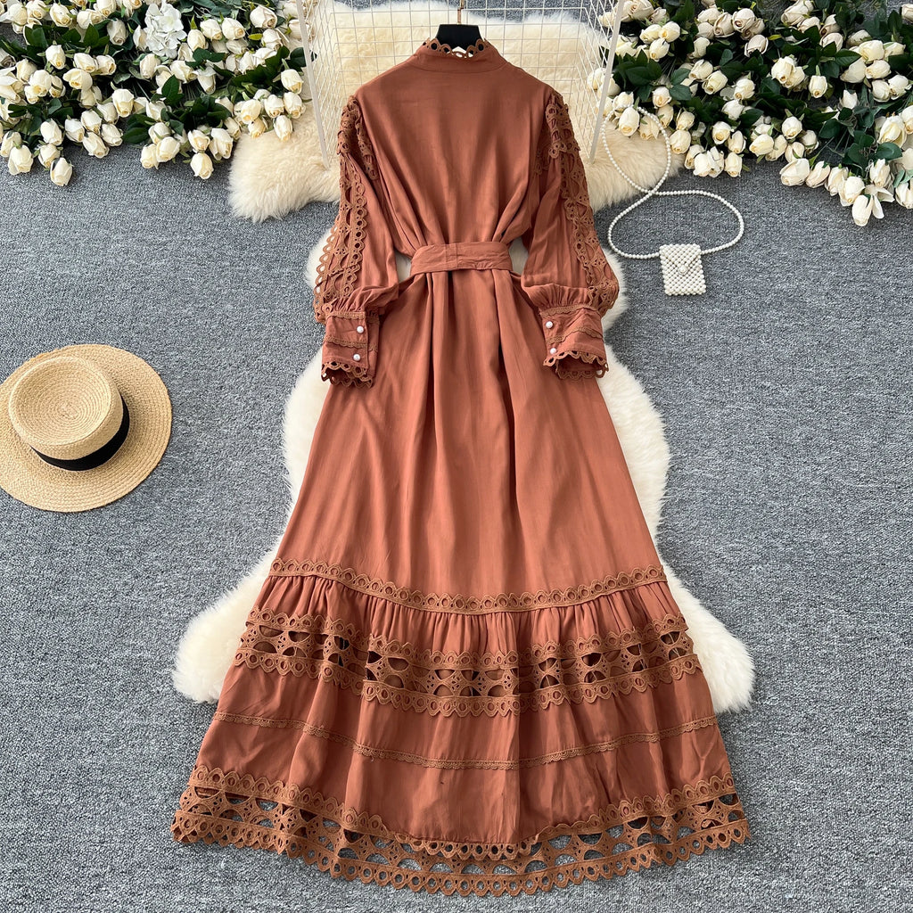 Vintage Tunic Bandage Casual Midi Dress For Women Lantern Sleeve Empire Patchwork Hollow Out Lace Dress